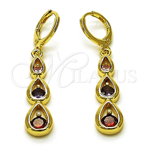 Arete Colgante 02.323.0098 Oro Laminado, Diseño de Gota, con Multicolor Zirconia Cubica, Pulido, Tono Dorado