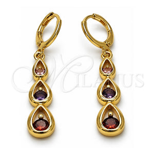 Arete Colgante 02.323.0098 Oro Laminado, Diseño de Gota, con Multicolor Zirconia Cubica, Pulido, Tono Dorado