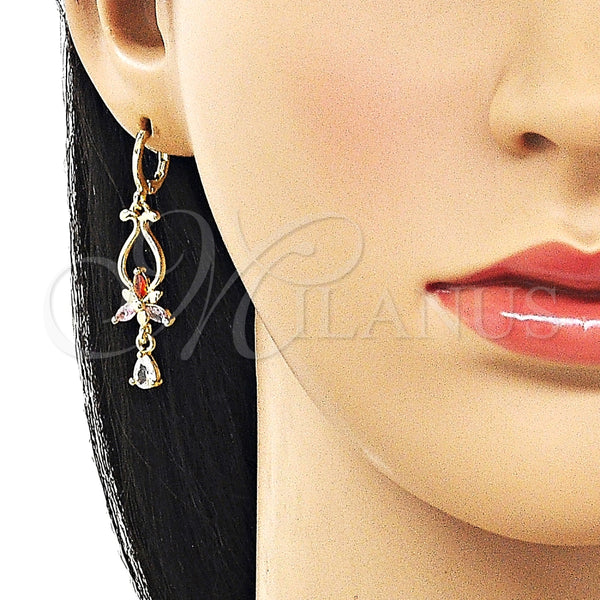 Arete Largo 02.323.0099 Oro Laminado, Diseño de Flor y Gota, con Multicolor Zirconia Cubica, Pulido, Tono Dorado