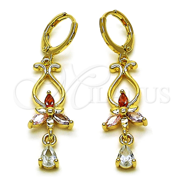 Arete Largo 02.323.0099 Oro Laminado, Diseño de Flor y Gota, con Multicolor Zirconia Cubica, Pulido, Tono Dorado