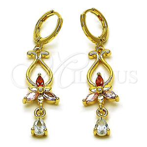 Arete Largo 02.323.0099 Oro Laminado, Diseño de Flor y Gota, con Multicolor Zirconia Cubica, Pulido, Tono Dorado