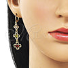 Arete Largo 02.323.0100 Oro Laminado, Diseño de Flor, con Multicolor Zirconia Cubica, Pulido, Tono Dorado