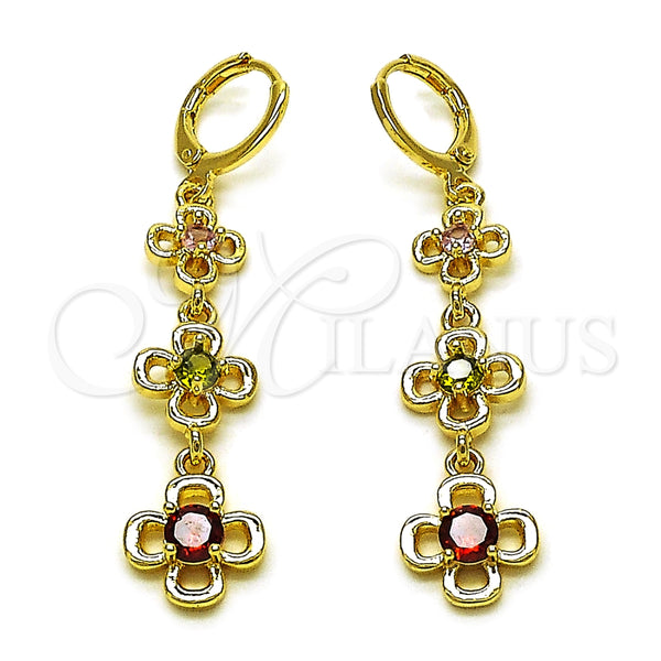 Arete Largo 02.323.0100 Oro Laminado, Diseño de Flor, con Multicolor Zirconia Cubica, Pulido, Tono Dorado