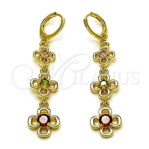 Arete Largo 02.323.0100 Oro Laminado, Diseño de Flor, con Multicolor Zirconia Cubica, Pulido, Tono Dorado