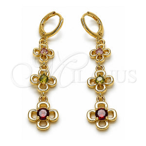 Arete Largo 02.323.0100 Oro Laminado, Diseño de Flor, con Multicolor Zirconia Cubica, Pulido, Tono Dorado