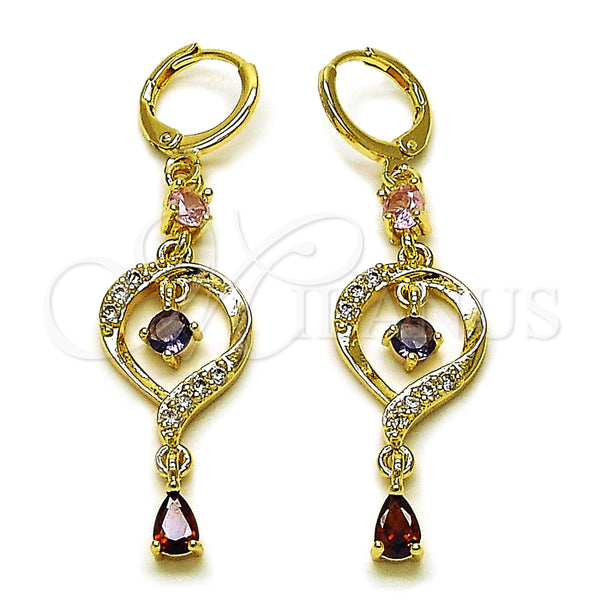 Arete Largo 02.323.0102 Oro Laminado, Diseño de Gota, con Multicolor and Blanca Zirconia Cubica, Pulido, Tono Dorado