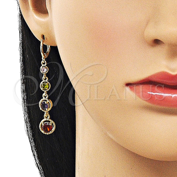 Arete Largo 02.323.0104 Oro Laminado, con Multicolor Zirconia Cubica, Pulido, Tono Dorado