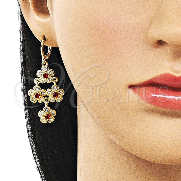 Arete Largo 02.323.0105 Oro Laminado, Diseño de Flor y Cluster, con Granate and Blanca Zirconia Cubica, Pulido, Tono Dorado