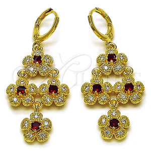 Arete Largo 02.323.0105 Oro Laminado, Diseño de Flor y Cluster, con Granate and Blanca Zirconia Cubica, Pulido, Tono Dorado