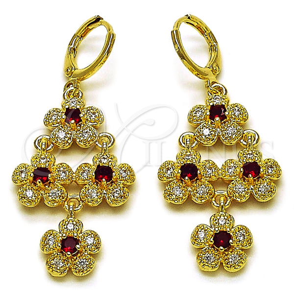 Arete Largo 02.323.0105 Oro Laminado, Diseño de Flor y Cluster, con Granate and Blanca Zirconia Cubica, Pulido, Tono Dorado