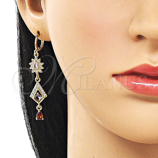 Arete Largo 02.323.0107 Oro Laminado, Diseño de Flor y Gota, con Multicolor and Blanca Zirconia Cubica, Pulido, Tono Dorado