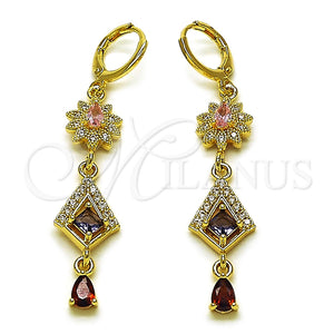 Arete Largo 02.323.0107 Oro Laminado, Diseño de Flor y Gota, con Multicolor and Blanca Zirconia Cubica, Pulido, Tono Dorado