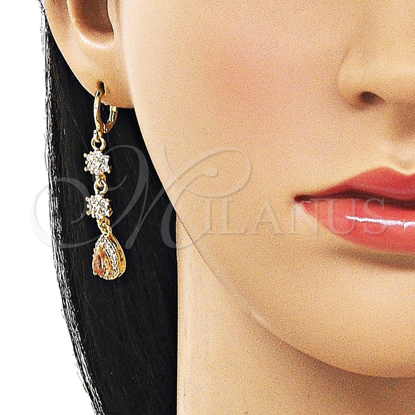 Arete Largo 02.323.0108 Oro Laminado, Diseño de Flor y Gota, con Champan and Blanca Zirconia Cubica, Pulido, Tono Dorado