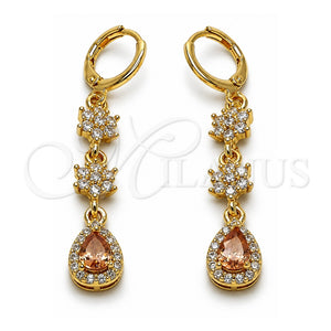 Arete Largo 02.323.0108 Oro Laminado, Diseño de Flor y Gota, con Champan and Blanca Zirconia Cubica, Pulido, Tono Dorado