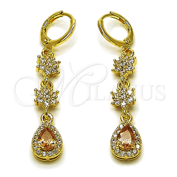 Arete Largo 02.323.0108 Oro Laminado, Diseño de Flor y Gota, con Champan and Blanca Zirconia Cubica, Pulido, Tono Dorado