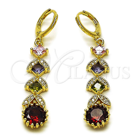 Arete Largo 02.323.0109 Oro Laminado, Diseño de Cluster, con Multicolor Zirconia Cubica and Blanca Micro Pave, Pulido, Tono Dorado