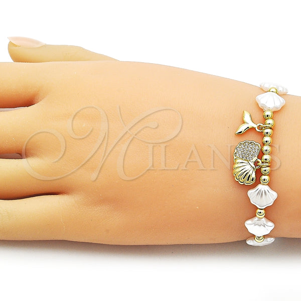 Pulsera Elegante 03.341.0257.07 Oro Laminado, Diseño de Concha y Pescado, con Marfil Perla and Blanca Micro Pave, Pulido, Tono Dorado (Thickness, 7 Inches Length)