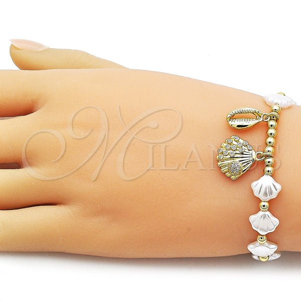 Pulsera Elegante 03.341.0260.07 Oro Laminado, Diseño de Concha y Bead Expandible, con Blanca Zirconia Cubica and Marfil Perla, Pulido, Tono Dorado (Thickness, 7 Inches Length)