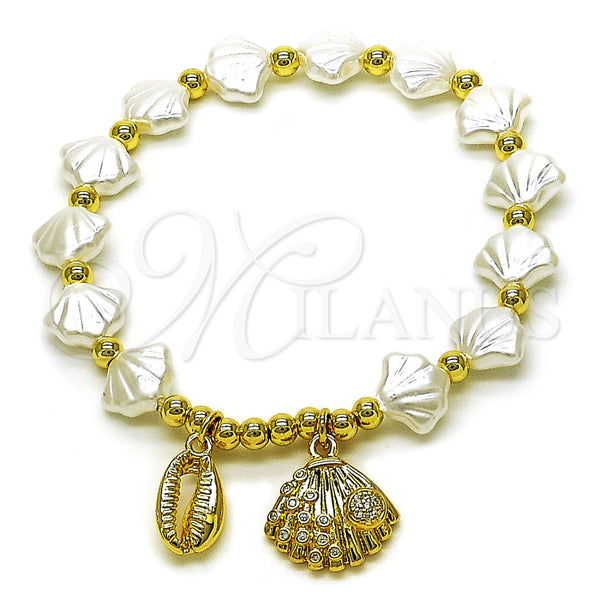 Pulsera Elegante 03.341.0260.07 Oro Laminado, Diseño de Concha y Bead Expandible, con Blanca Zirconia Cubica and Marfil Perla, Pulido, Tono Dorado (Thickness, 7 Inches Length)