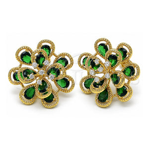 Arete Dormilona 02.436.0002 Oro Laminado, Diseño de Flor y Gota, con Zirconia Cubica Verde y Blanca, Diamantado, Tono Dorado