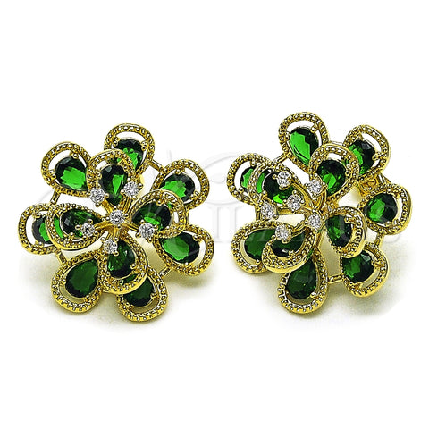 Arete Dormilona 02.436.0002 Oro Laminado, Diseño de Flor y Gota, con Verde and Blanca Zirconia Cubica, Diamantado, Tono Dorado