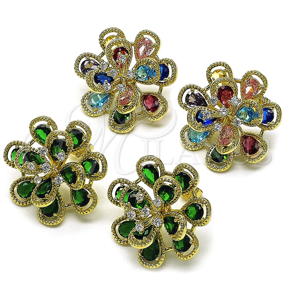 Arete Dormilona 02.436.0002 Oro Laminado, Diseño de Flor y Gota, con Verde and Blanca Zirconia Cubica, Diamantado, Tono Dorado