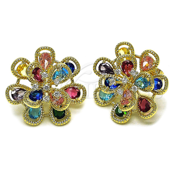 Arete Dormilona 02.436.0002.1 Oro Laminado, Diseño de Flor y Gota, con Multicolor and Blanca Zirconia Cubica, Diamantado, Tono Dorado