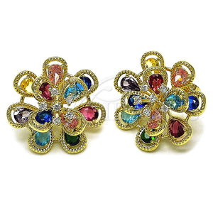 Arete Dormilona 02.436.0002.1 Oro Laminado, Diseño de Flor y Gota, con Multicolor and Blanca Zirconia Cubica, Diamantado, Tono Dorado