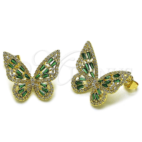 Arete Dormilona 02.436.0005 Oro Laminado, Diseño de Mariposa y Baguette, con Zirconia Cubica Verde y Blanca, Pulido, Tono Dorado