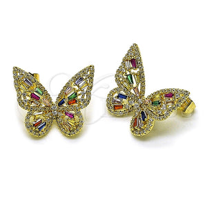 Arete Dormilona 02.436.0005.1 Oro Laminado, Diseño de Mariposa y Baguette, con Zirconia Cubica Multicolor y Blanca, Pulido, Tono Dorado