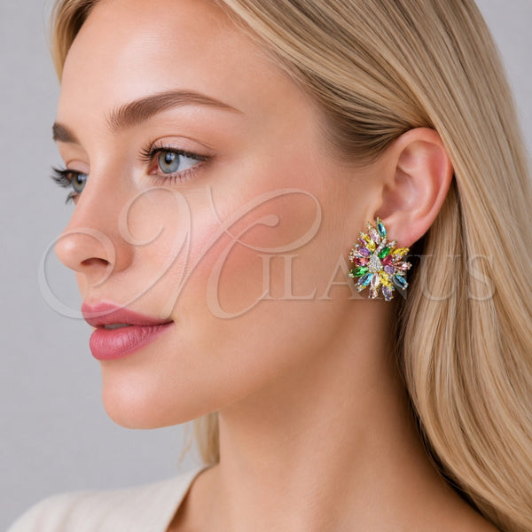 Arete Dormilona 02.436.0006 Oro Laminado, Diseño de Flor, con Multicolor and Blanca Zirconia Cubica, Pulido, Tono Dorado