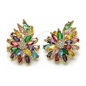 Arete Dormilona 02.436.0006 Oro Laminado, Diseño de Flor, con Zirconia Cubica Multicolor y Blanca, Pulido, Tono Dorado