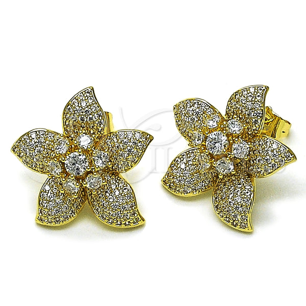 Arete Dormilona 02.436.0007 Oro Laminado, Diseño de Flor, con Zirconia Cubica Blanca y Micro Pave Blanca, Pulido, Tono Dorado