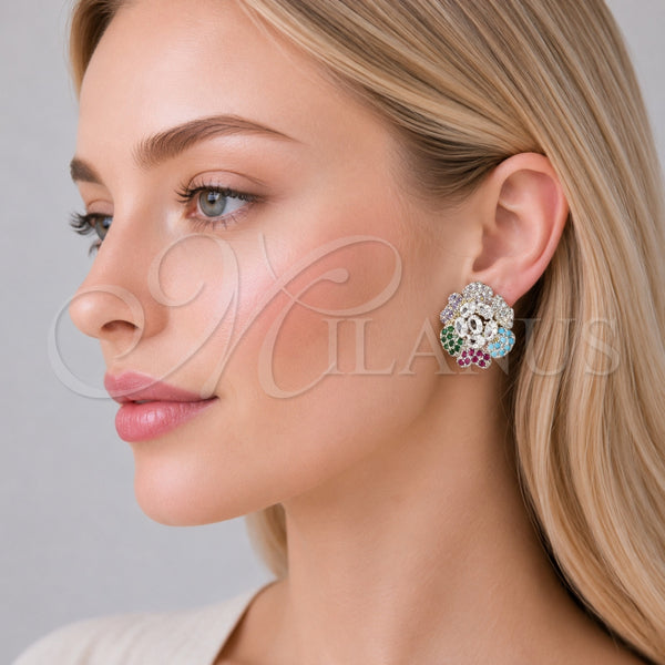 Arete Dormilona 02.436.0008 Oro Laminado, Diseño de Flor, con Blanca and Multicolor Zirconia Cubica, Pulido, Tono Dorado
