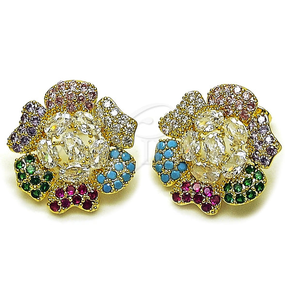 Arete Dormilona 02.436.0008 Oro Laminado, Diseño de Flor, con Blanca and Multicolor Zirconia Cubica, Pulido, Tono Dorado