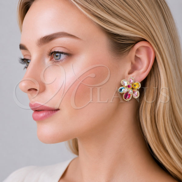 Arete Dormilona 02.436.0010 Oro Laminado, Diseño de Flor y Gota, con Multicolor Zirconia Cubica and Blanca Micro Pave, Pulido, Tono Dorado