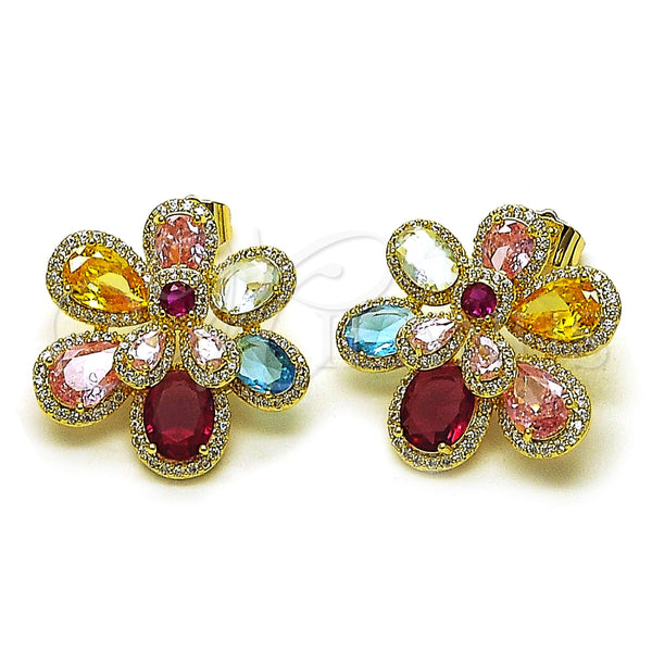 Arete Dormilona 02.436.0010 Oro Laminado, Diseño de Flor y Gota, con Multicolor Zirconia Cubica and Blanca Micro Pave, Pulido, Tono Dorado