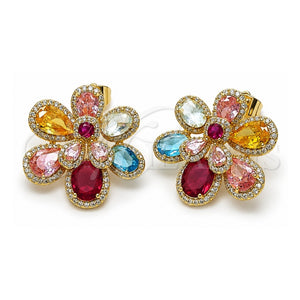 Arete Dormilona 02.436.0010 Oro Laminado, Diseño de Flor y Gota, con Zirconia Cubica Multicolor y Micro Pave Blanca, Pulido, Tono Dorado