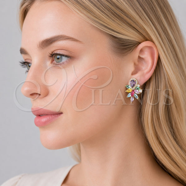 Arete Dormilona 02.436.0012 Oro Laminado, Diseño de Gota y Cluster, con Zirconia Cubica Multicolor y Micro Pave Blanca, Pulido, Tono Dorado