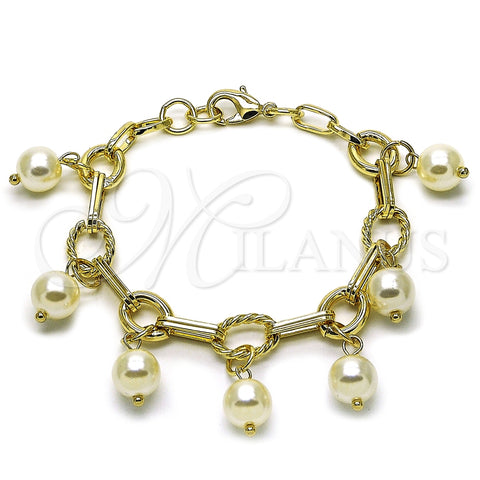 Pulsera de Dije 03.331.0332.07 Oro Laminado, Diseño de Bola y Torcido, con Marfil Perla, Pulido, Tono Dorado (Thickness, 8 Inches Length)