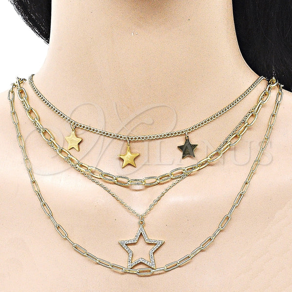 Gargantilla Elegante 04.437.0006.16 Acero Inoxidable, Diseño de Estrella y Paperclip, con Blanca Micro Pave, Pulido, Tono Dorado (05 MM Thickness, 16 Inches Length)