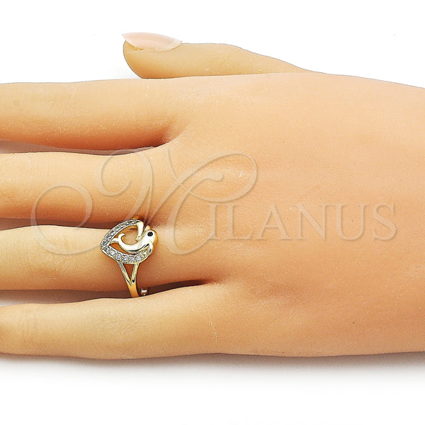 Anillo Multi Piedra 01.310.0044 Oro Laminado, Diseño de Delfín y Corazón, con Blanca Zirconia Cubica, Pulido, Tono Dorado (One size fits all)