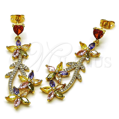 Arete Largo 02.282.0071 Oro Laminado, Diseño de Flor y Corazón, con Multicolor Zirconia Cubica and Blanca Micro Pave, Pulido, Tono Dorado