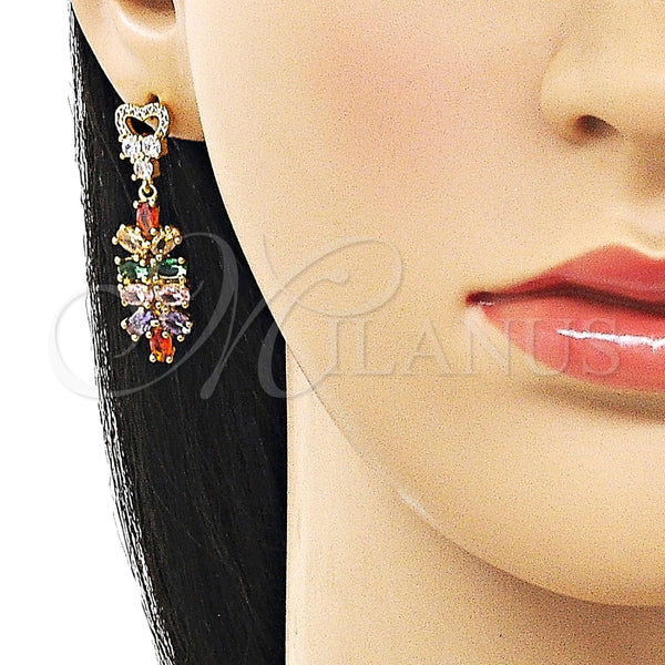 Arete Largo 02.282.0075 Oro Laminado, Diseño de Corazón, con Multicolor and Blanca Zirconia Cubica, Pulido, Tono Dorado