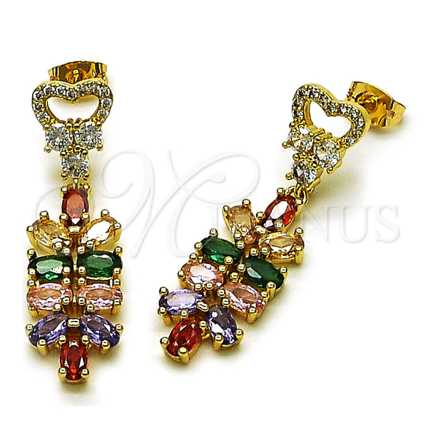Arete Largo 02.282.0075 Oro Laminado, Diseño de Corazón, con Multicolor and Blanca Zirconia Cubica, Pulido, Tono Dorado