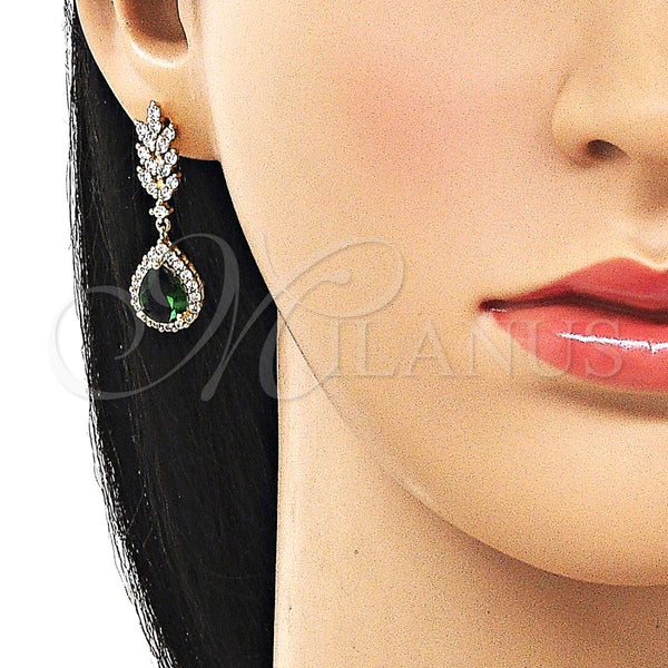 Arete Colgante 02.196.0246 Oro Laminado, Diseño de Gota y Oja, con Verde and Blanca Zirconia Cubica, Pulido, Tono Dorado