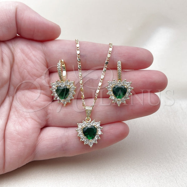 Juego de Arete y Dije de Adulto 10.196.0192 Oro Laminado, Diseño de Corazón y Cluster, con Verde and Blanca Zirconia Cubica, Pulido, Tono Dorado