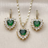 Juego de Arete y Dije de Adulto 10.196.0192 Oro Laminado, Diseño de Corazón y Cluster, con Verde and Blanca Zirconia Cubica, Pulido, Tono Dorado