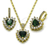 Juego de Arete y Dije de Adulto 10.196.0192 Oro Laminado, Diseño de Corazón y Cluster, con Verde and Blanca Zirconia Cubica, Pulido, Tono Dorado