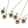 Juego de Arete y Dije de Adulto 10.196.0192 Oro Laminado, Diseño de Corazón y Cluster, con Verde and Blanca Zirconia Cubica, Pulido, Tono Dorado